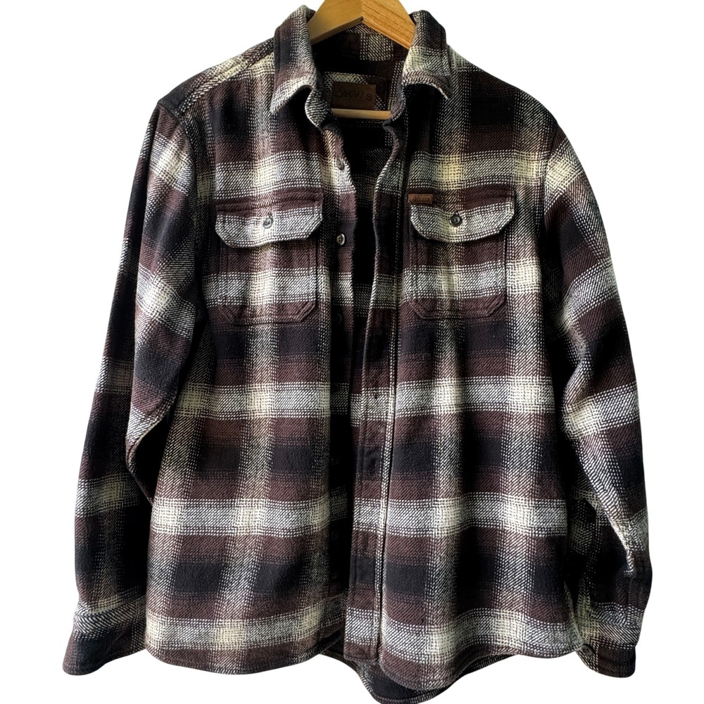 Orvis‎ Flannel Shacket Mens M Brown Plaid Shirt Heavyweight Pockets